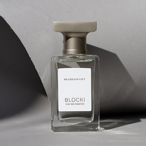 Stylized 50ml glass bottle of Brazilian Lily perfume