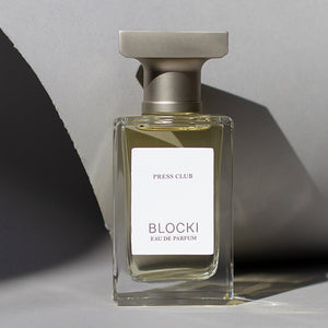 Stylized photo of 50ml glass bottle of Press Club perfume