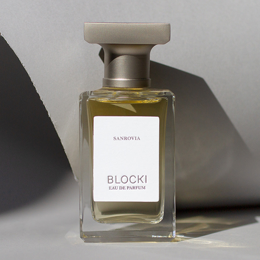 Stylized photo of 50ml glass bottle of Sanrovia perfume